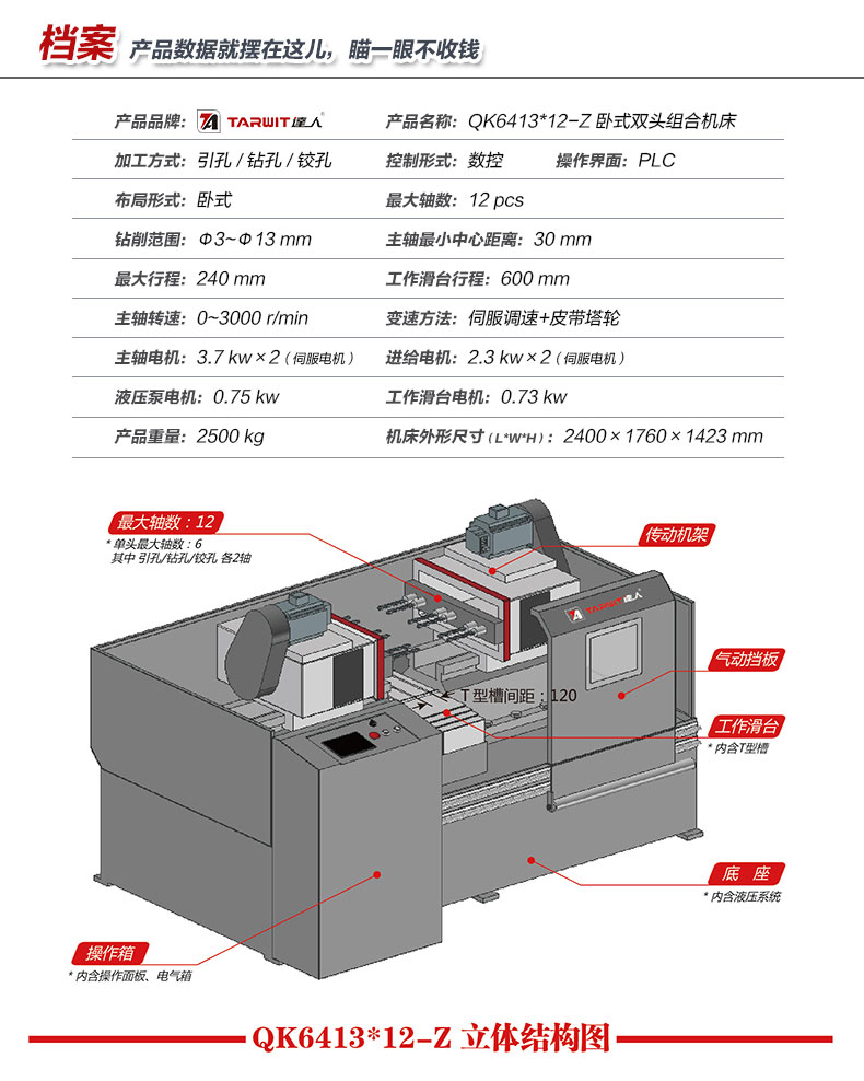 達人QK6413*12-Z臥式雙頭多功能組合機床產(chǎn)品參數(shù)